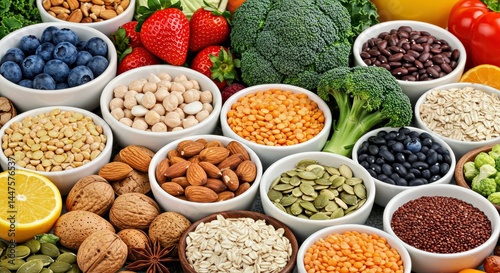 Fototapeta Naklejka Na Ścianę i Meble -  Health Food Fitness Concept Fruits Vegetables Pulses Herbs Spices Nuts Grains Healthy Eating Background