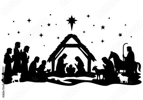 Traditional nativity scene silhouette with Mary, Joseph, baby Jesus, shepherds, wise men, animals, stable and star. Holy Night Christmas vector art