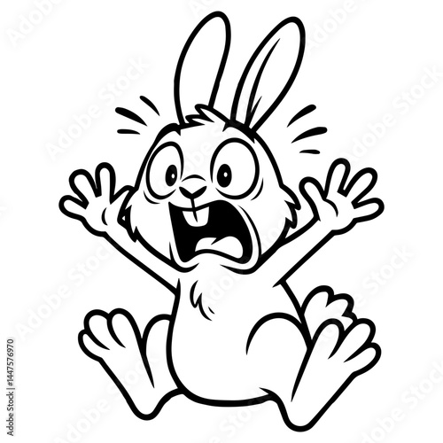Cartoon rabbit with wide eyes, open mouth and raised arms in a scared expression, black and white vector illustration.