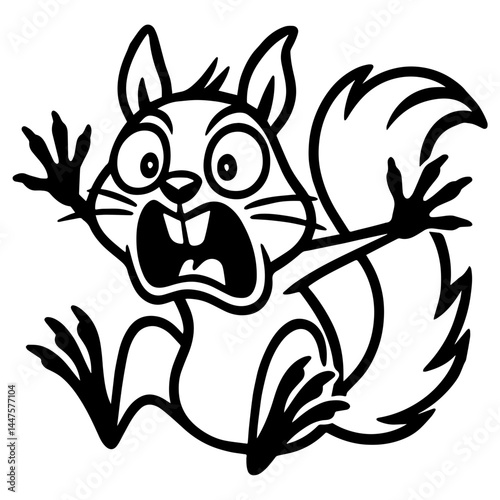 Crazy cartoon squirrel with wide eyes, open mouth, raised arms and bushy tail in a panic expression, black and white vector illustration.