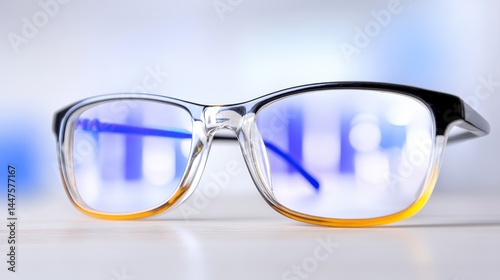 A pair of stylish eyeglasses with clear transparent frames and amber tinted lenses rests on a white surface against a blurred modern background.