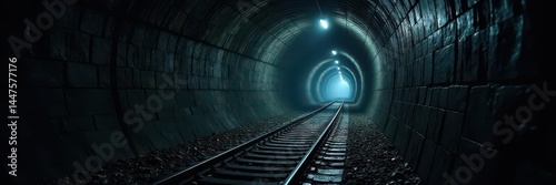 Dark, claustrophobic train tunnel, ominous shadows approaching, light, fearsome