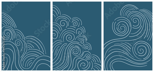 abstract japanese landscape on blue background with light blue waves