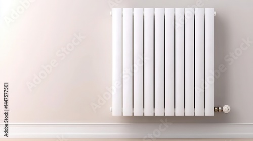 Modern white vertical radiator on minimalist beige wall in contemporary home interior