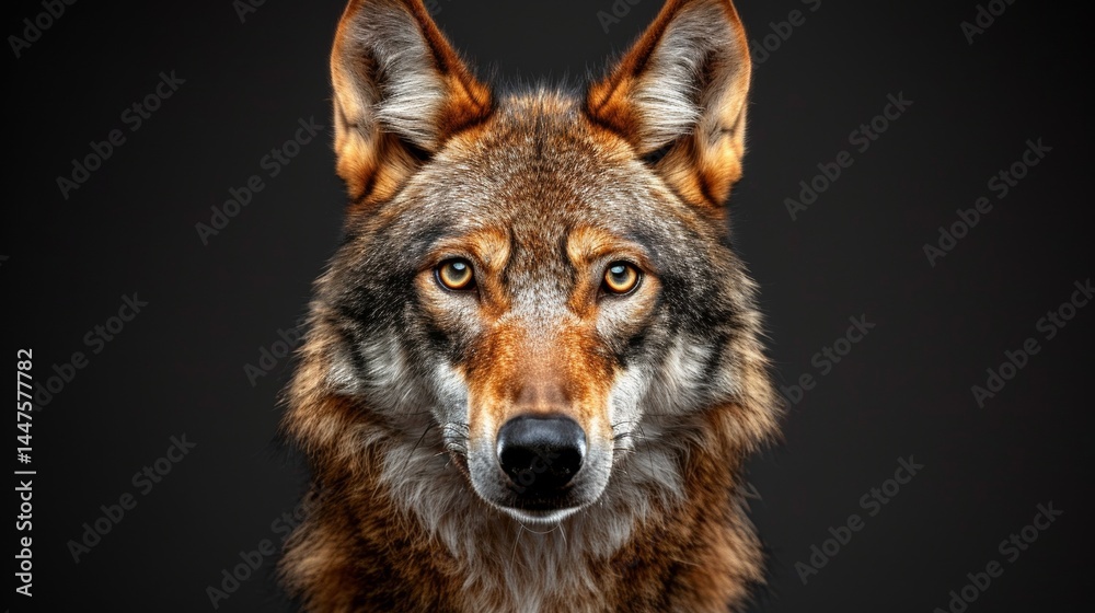 Obraz premium Majestic adult wolf portrait against a dark background, capturing the spirit of the wild