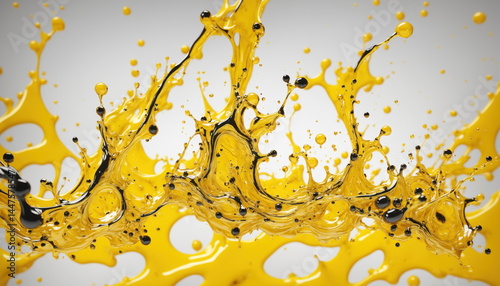 Splashes and drops of liquid oil. Fresh Olive or motor engine oil eco nature golden color close-up. Shine yellow Cosmetic oil or Cosmetic Essence Liquid drop