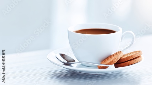 A steaming cup of coffee sits on a white saucer next to a few delicious crispy cookies on a light wooden table near a bright window.