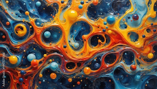 A mesmerizing abstract image featuring a swirling, multi-colored paint background with numerous vibrant bubbles scattered throughout
