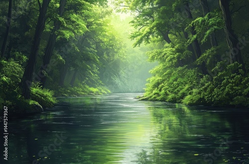 A river flowing through a dense forest, tranquil water