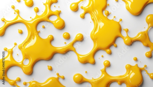 Yellow paint splatters across a white background, creating an abstract pattern of shapes and textures