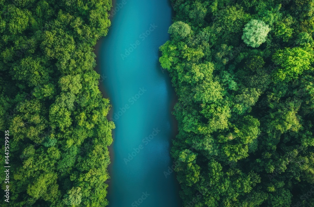 Naklejka premium A river flowing through a dense forest, tranquil water