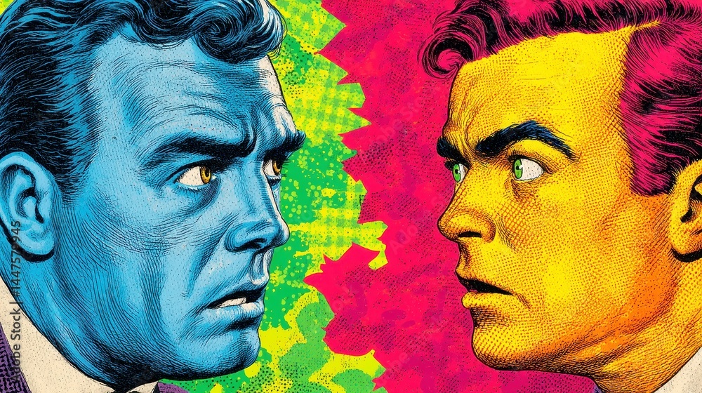 Obraz premium Pop-Art Business Clash, two furious businessmen in vibrant colors, shouting across empty speech bubbles, capturing the intense energy and drama of 1980s comic book aesthetics.