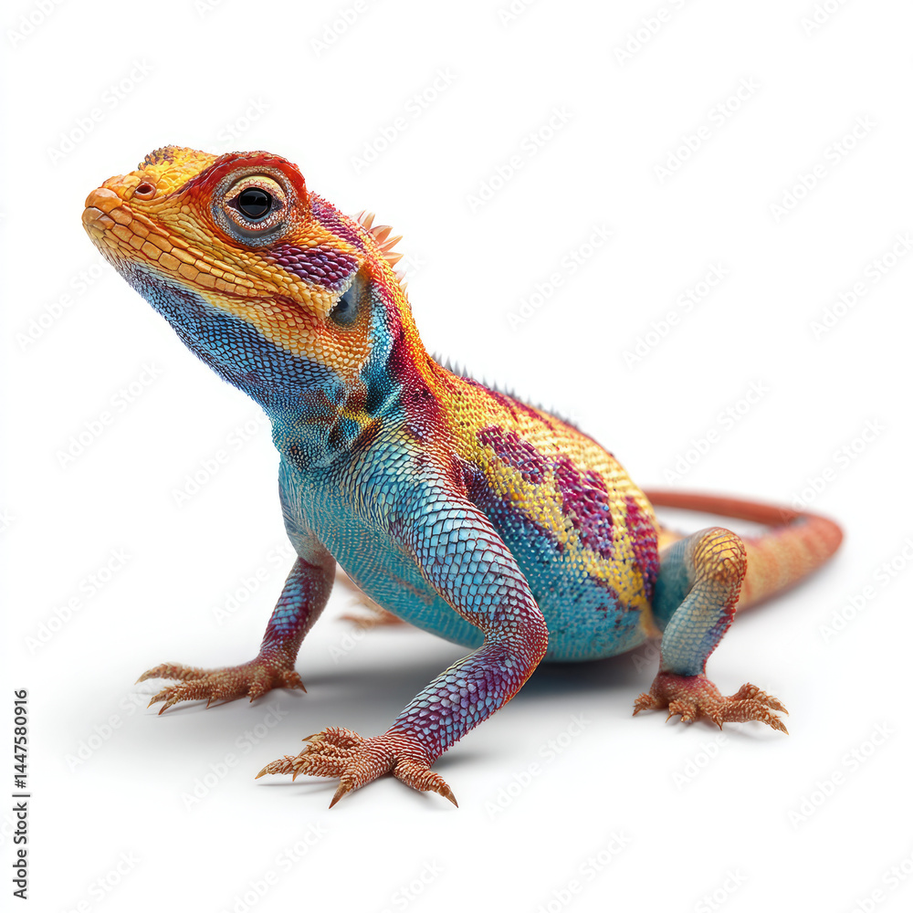 Obraz premium Vibrant lizard with striking multi-colored pattern. Detailed view of its scales, showcasing bright hues of blue, yellow, and purple against a white background