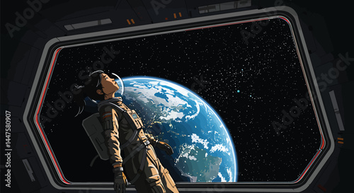 Space Tourist Viewing Earth from Spaceship
