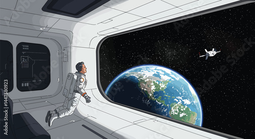 Space Tourist Viewing Earth from Spaceship