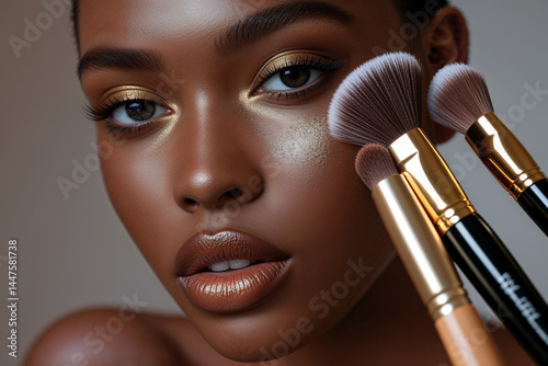 Radiant Woman with Golden Makeup and Brushes