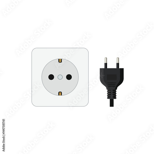 Electric white socket and black plug. Flat style