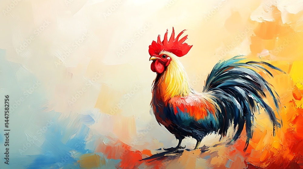 Fototapeta premium Vibrant, colorful rooster painting with visible brush strokes, red comb, and dark tail