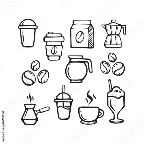 Doodle coffee shop icons. Outline hand drawn