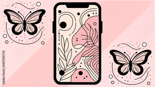 Modern Light Pink Background for iPhone with Abstract Lines and Butterflies