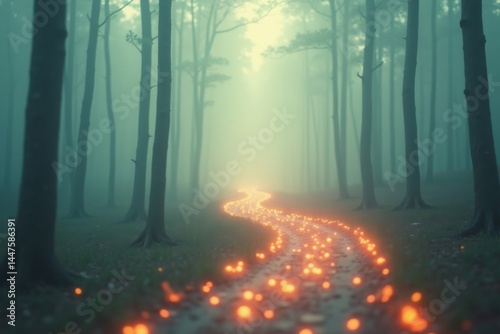 abstract journey through memory, depicted as a winding path of glowing Polaroid photos fading into a misty forest, with soft pastel tones