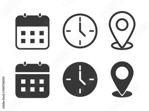 Vector set of date, time, and location icons including calendar, clock, pin, and map symbols. Clean and minimal line style, perfect for Graphic design, apps, infographics, or web use.