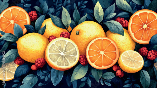 Bright illustration of fruits, citruses and berries. Fruit cover, fruit print. Juicy fruits, berries and citrus fruits stylized illustration ornament.	