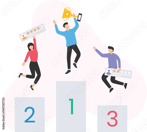 Businesspeople celebrating success and standing on winners podium with reviews and trophy, recognizing business achievements and rewarding outstanding performance, showcasing leadership excellence and