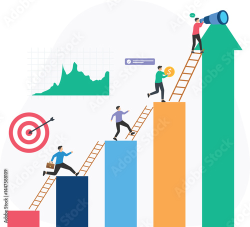 Businessmen climbing growing bar graph using ladders toward financial success and business growth, achieving financial goals and increasing revenue, improving business performance and expanding market