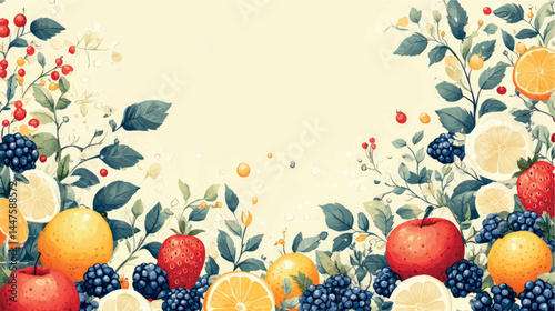 Fruits and berries illustration template with empty space for text. Fruit background art cover for juice and baby food. Fruits, berries and citruses stylized illustration.