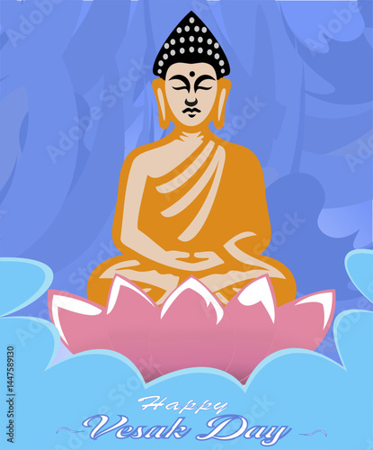 Happy Vesak Day Greeting Card Design. Happy Buddha Day with Siddhartha Gautama Statue Design Vector Illustration