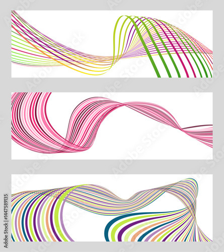 Wavy lines or ribbons. Set of 3 backgrounds. Multicolored striped gradient. Creative unusual background with abstract gradient wave lines to create a trendy banner, poster. vector eps