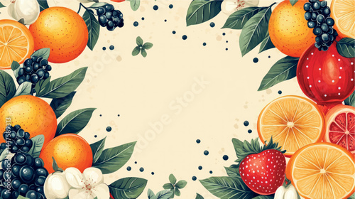 Fruits and berries illustration template with empty space for text. Fruit background art cover for juice and baby food. Fruits, berries and citruses stylized illustration.