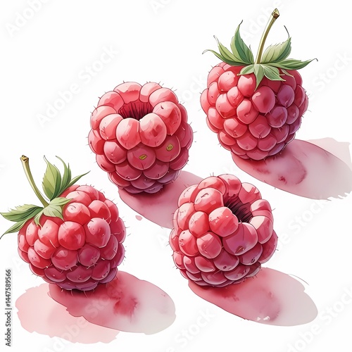 Watercolor ripe raspberries arranged with soft shadows on a white background reflecting freshness and vibrant color