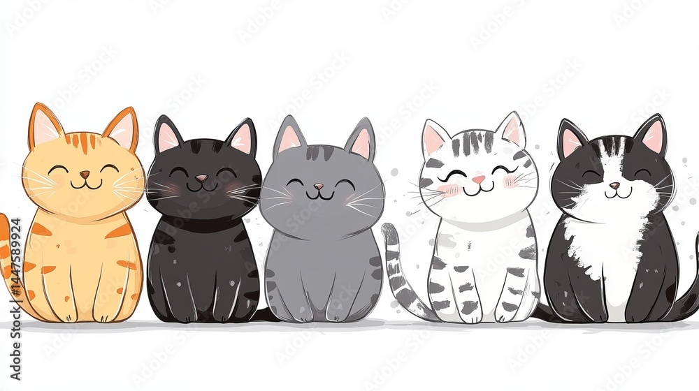 Obraz premium Colorful cartoon cats sitting in a row playful pets adorable feline characters illustration