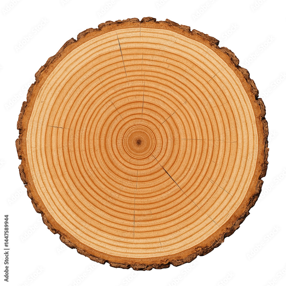 Fototapeta premium Beautifully cut natural wood disc showing intricate annual growth rings, radial lines, and rugged bark texture.
