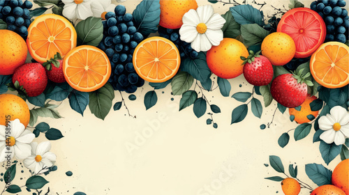 Fruits and berries illustration template with empty space for text. Fruit background art cover for juice and baby food. Fruits, berries and citruses stylized illustration.