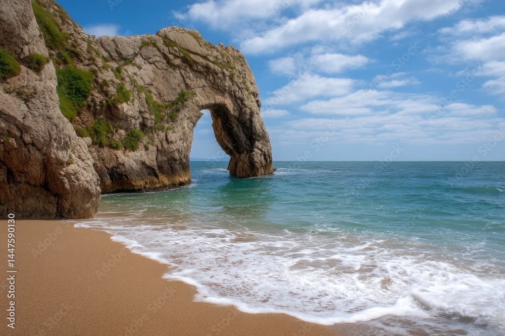Obraz premium Rock Arch at Durdle Door on Beach with Ocean Waves