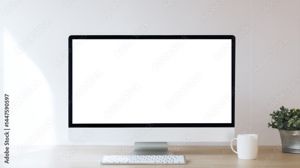 Minimalist Workspace with Blank Screen Computer on Wooden Desk Minimalist Workspace with Blank Screen Computer on Wooden Desk
