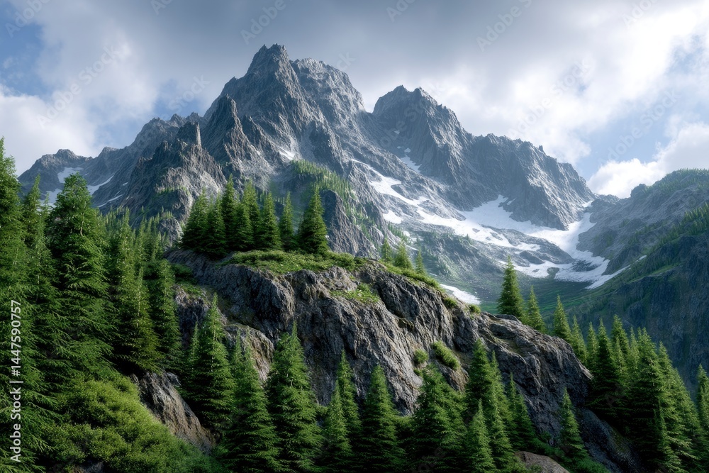 Obraz premium Mountain Peak Vista with Evergreen Forest and Snow Patches