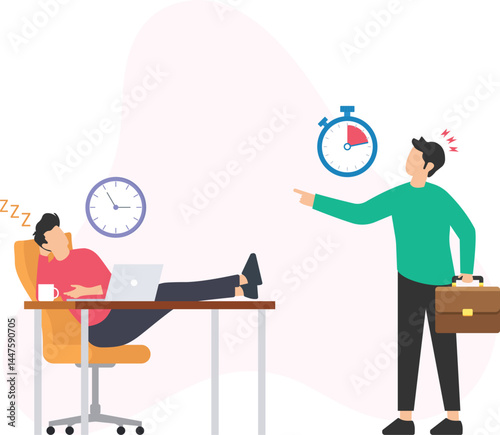 Angry manager pointing at stopwatch scolding sleeping employee for missing deadline, expressing frustration over delayed work and unfulfilled commitments, emphasizing the importance of time management