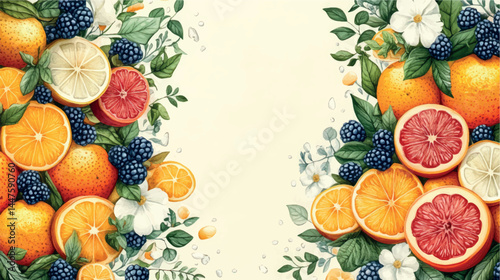 Fruits and berries illustration template with empty space for text. Fruit background art cover for juice and baby food. Fruits, berries and citruses stylized illustration.