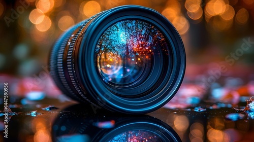 Camera lens reflecting vibrant bokeh lights.