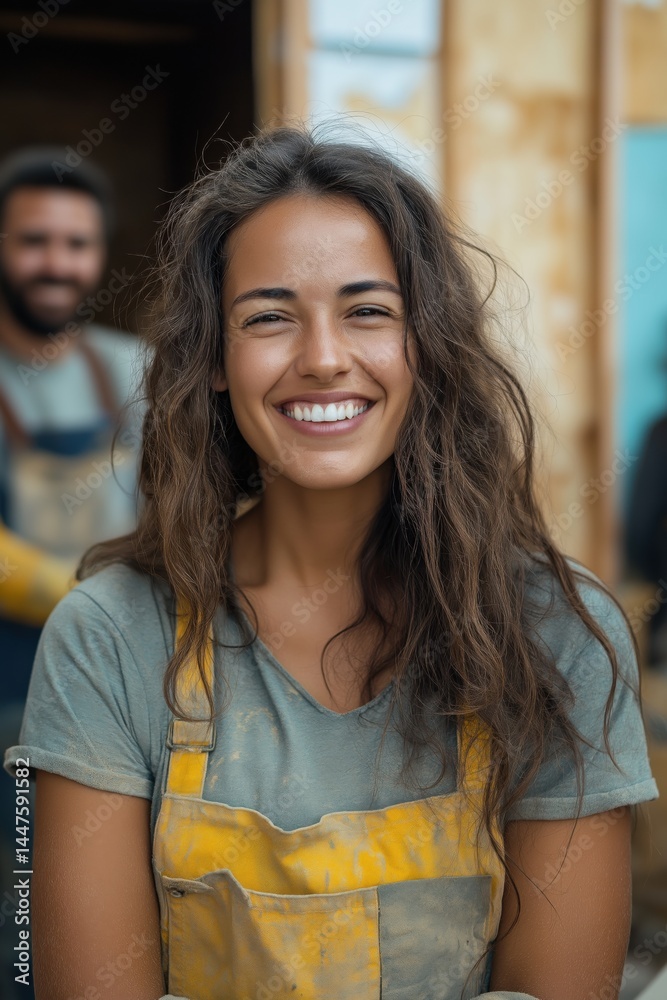 Cheerful woman in messy work clothes smiling during home renovation