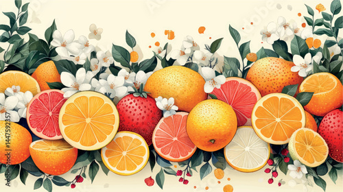 Fruits and berries illustration template with empty space for text. Fruit background art cover for juice and baby food. Fruits, berries and citruses stylized illustration.