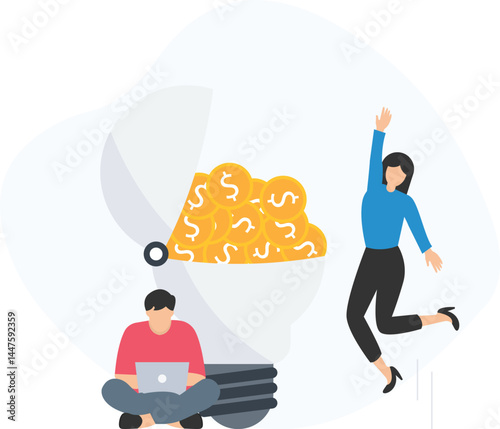 Businesspeople making money with innovative idea and celebrating success, brainstorming creative concepts that disrupt traditional markets, collaborating to develop cutting-edge products and services 