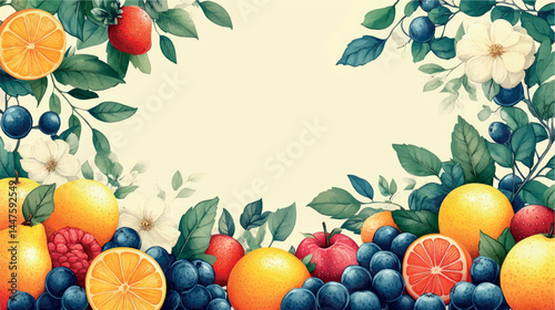Fruits and berries illustration template with empty space for text. Fruit background art cover for juice and baby food. Fruits, berries and citruses stylized illustration.