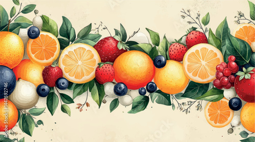 Fruits and berries illustration template with empty space for text. Fruit background art cover for juice and baby food. Fruits, berries and citruses stylized illustration.