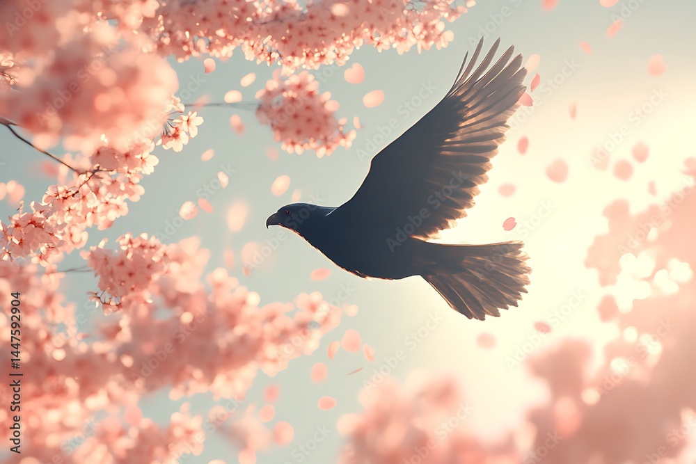 Fototapeta premium Bird soars amidst cherry blossoms under a warm sky, pink petals gently falling around it