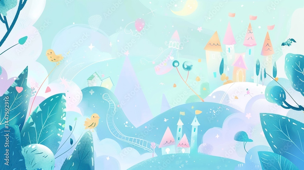 Obraz premium Light Blue Children's Illustration Fairy Tale Background: A Dreamy Canvas of Enchantment and Whimsy